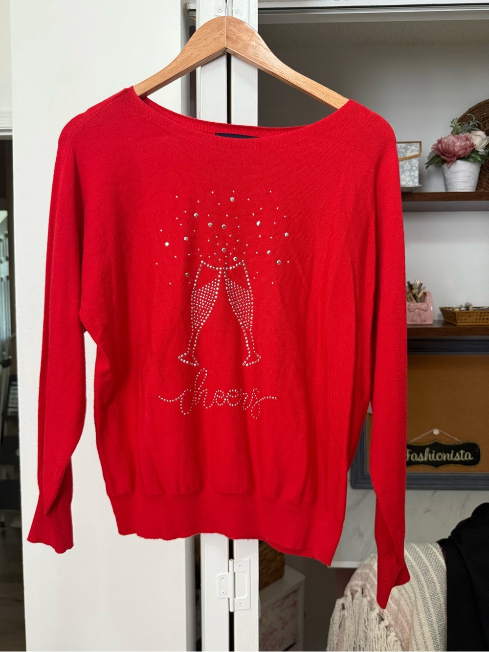 Adrienne Vittadini Red Embellished 'Cheers' Crewneck Sweater